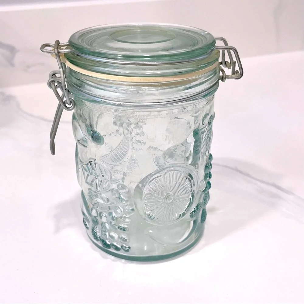 Vintage Embossed Fuit Pattern Glass Canister Set with Wire Bale Hinges, Set of 2